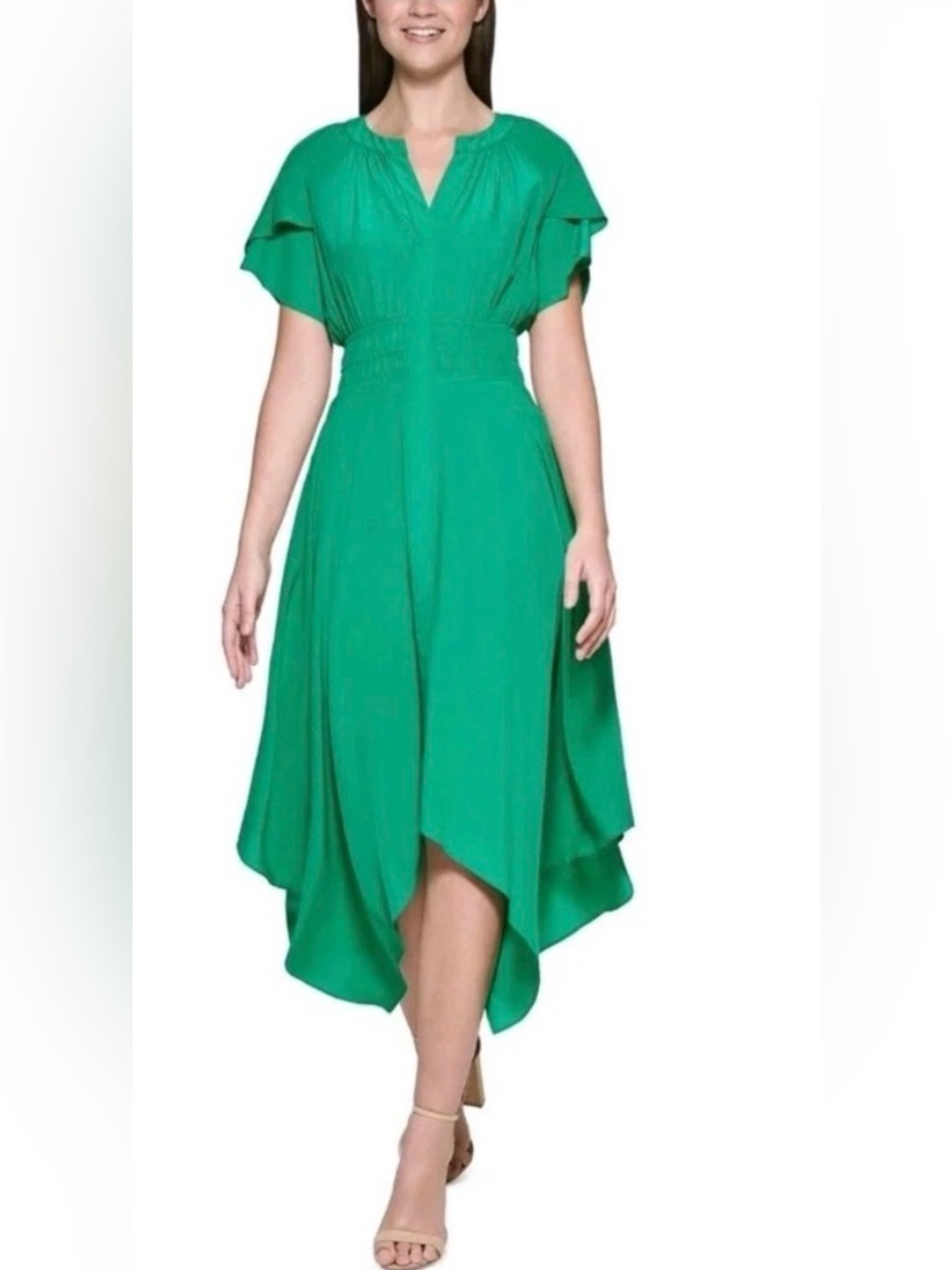 Kensie Green Flutter Sleeve Smocked Waist Handkerchief Hem Midi Dress, size 12